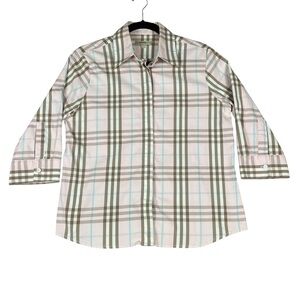 Burberry London Pastel Plaid 3/4 Sleeve Button Up Luxury Elegant Classic Top   L
